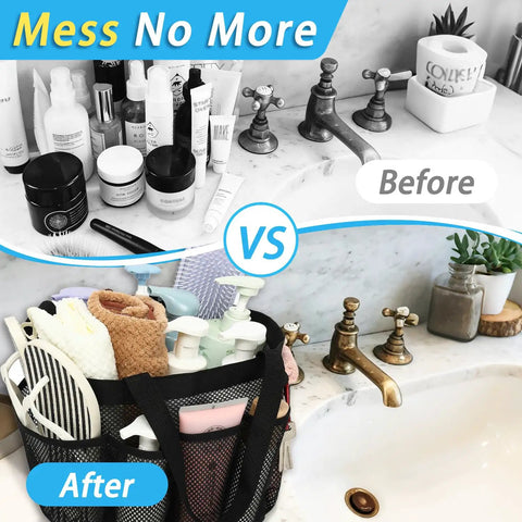 Odorless Mesh Shower Caddy With Dual Handles 8 Pocket Quick Dry Travel Organizer displaying tidy bathroom items vs cluttered setup