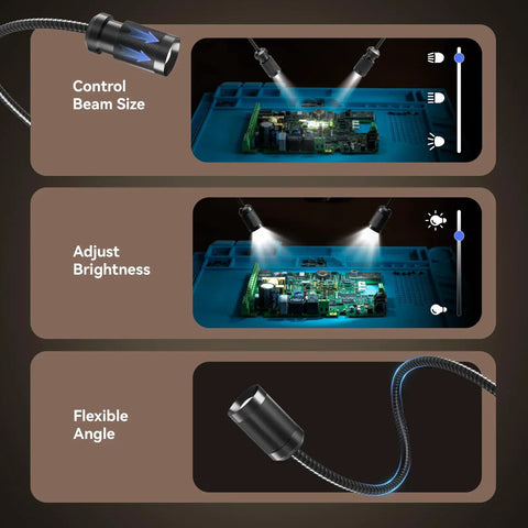 Autofocus 4K Digital Microscope With 8 Inch Screen And HDMI Output Pro Grade Soldering Microscope With Flexible Arm AI Auto Focus 52MP LCD Display Great For Electronics Repair Coins And Precision Work showing beam size, brightness and flexible arm