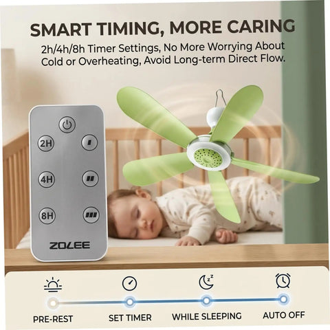 Ceiling Fan - 16.5in USB Hanging Fan with Remote 5 Soft Blades Quiet above a sleeping baby with a remote control.