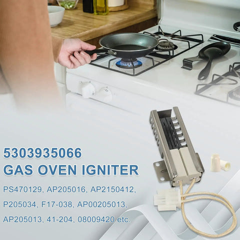 Universal oven igniter replacement for major range brands including Electrolux Kenmore Whirlpool, shown on kitchen countertop.