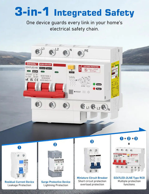 Heavy Duty 60 Amp Din Rail Rcbo With Slick Spd Surge Protector And Class A 30 Ma Gfci Breaker To Keep Your Ev Setup Bulletproof Against Dangerous Overloads mounted on a surface with labels and wiring connections.