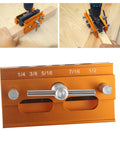 Self Centering Doweling Jig with Aluminum Alloy Guide Bushings for Precise Woodworking Joints and Furniture Assembly 64mm Width Pro Grade Quality Includes Multiple Bushing Sizes and Wood Punch Locator, shown in orange with a drill.