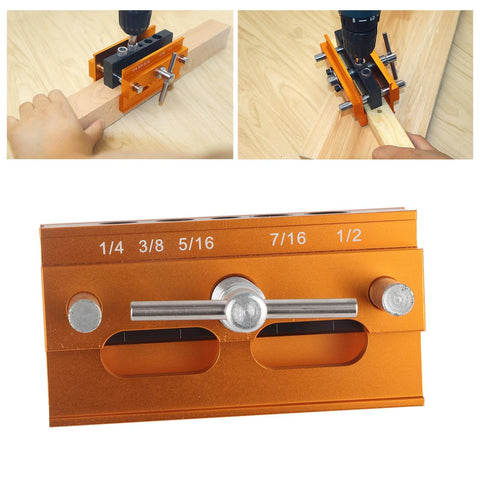Self Centering Doweling Jig with Aluminum Alloy Guide Bushings for Precise Woodworking Joints and Furniture Assembly 64mm Width Pro Grade Quality Includes Multiple Bushing Sizes and Wood Punch Locator, shown in orange with a drill.