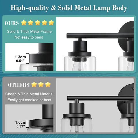 Comparison of solid metal frame thickness for Modern 3 Light Vanity Light Fixture In Black With Clear Glass Shades, showing sturdiness.