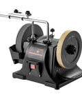 Shop Grade 8 Inch Wet Stone Grinder, Water Cooled Knife Sharpening Machine With Flex Pivot Head, showing bench setup and dual wheels.