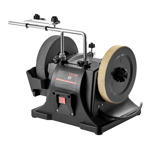 Shop Grade 8 Inch Wet Stone Grinder, Water Cooled Knife Sharpening Machine With Flex Pivot Head, showing bench setup and dual wheels.