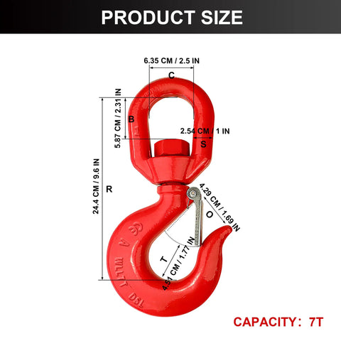 7 Ton Swivel Lifting Hook With Safety Latch Beefy Heavy Duty Rigging Hook Self Locking 360 Degree Rotation G80 Grade Eye Sling Hook For Crane Lifting 15432 Lbs Load Limit High Load Capacity And Durable Alloy Steel Construction. Red 7T swivel lifting hook with safety latch, size diagram