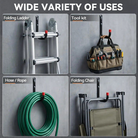 Top Tier Heavy Duty Steel Garage Hooks Wall Mounted Tool Storage Rack For Ladders Bikes And Yard Gear in varied uses like folding ladder and tool kit.