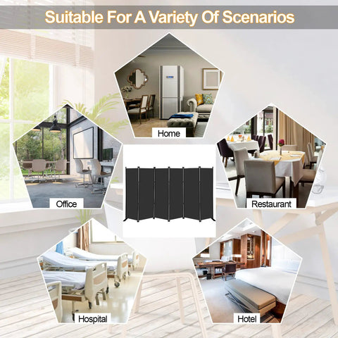 Six Panel Folding Privacy Screen, 9 Feet Wide By 6 Feet Tall, Portable Room Divider For Office Or Home, Black, suitable for various scenarios