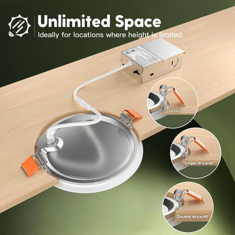 24 Piece 6 Inch Led Recessed Ceiling Lights With Junction Box, 5Cct Adjustable Kelvin Tone, 1050 Lumen Ultra Slim trim installation showing junction box and clips.