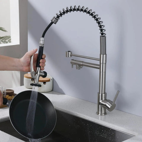 Dope Contemporary Single Handle Kitchen Sink Faucet With Pull Down Sprayer And Pre Rinse Style in brushed nickel while rinsing pan.