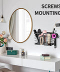 Sleek black 3 In 1 Metal Hair Tool Organizer Wall Mounted Holder for hair dryer, flat iron, curling iron, styling tools in bathroom.