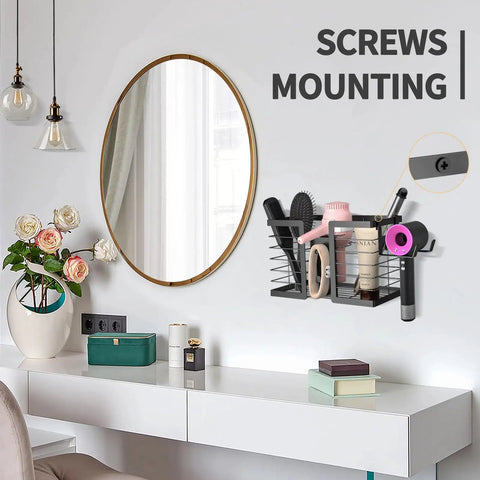 Sleek black 3 In 1 Metal Hair Tool Organizer Wall Mounted Holder for hair dryer, flat iron, curling iron, styling tools in bathroom.