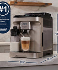 Straight Up Premium Automatic Espresso Machine With Integrated Milk Frother Twenty Preset Hot Cold Recipes Sturdy Metal Build on kitchen counter with milk frother.
