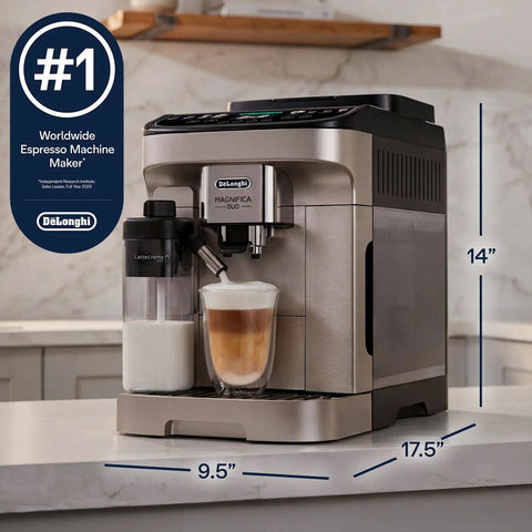 Straight Up Premium Automatic Espresso Machine With Integrated Milk Frother Twenty Preset Hot Cold Recipes Sturdy Metal Build on kitchen counter with milk frother.