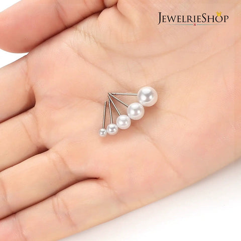 Five Pair Imitation Pearl Stud Earrings Set In 3Mm, 4Mm, 5Mm, 6Mm, And 7Mm Diameters, Hypoallergenic Surgical Stainless Steel, Nickel Free And Lead Free, Go-To Starter Earrings For Sensitive Ears, Everyday White Pearl Jewelry, sized pearls in hand