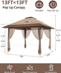 13X13Ft Pop Up Gazebo Canopy With Double Roof Mosquito Netting Keeps Insects Out Adjustable Height UV Resistant Waterproof