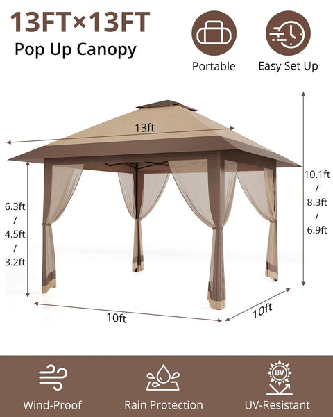 13x13 Pop Up Gazebo With Mosquito Netting, Double Roof Design And Adjustable Height For No-Fuss Setup, UV Resistant Outdoor Canopy Tent