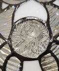 Close-up of floral design on Vintage Tiffany Style Stained Glass Table Lamp 22 Inch Tall With White And Gray Mahogany Floral Shade