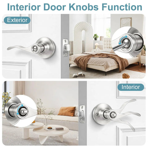Eight Pack Wave Style Privacy Door Handles and Knobs with keyless reversible lockset in brushed nickel bedroom locks