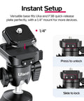 One-Click Opening Vlogging Tripod With Quick-Release System, Cold Shoe Mount details showing quick-release plate and lock mechanism.