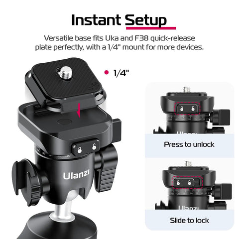 One-Click Opening Vlogging Tripod With Quick-Release System, Cold Shoe Mount details showing quick-release plate and lock mechanism.