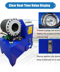 Rock Solid Electric Hose Crimping Machine With Ten Swappable Dies For Hydraulics And Steel Tubes showing pressure gauge and thermo detector.