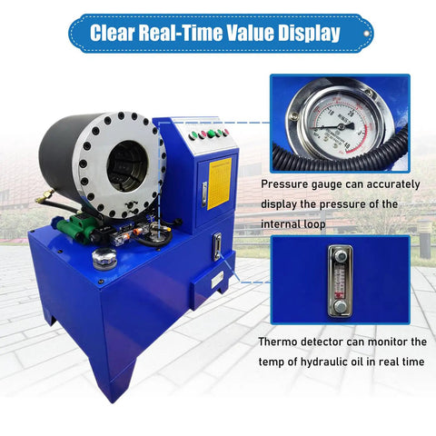 Rock Solid Electric Hose Crimping Machine With Ten Swappable Dies For Hydraulics And Steel Tubes showing pressure gauge and thermo detector.