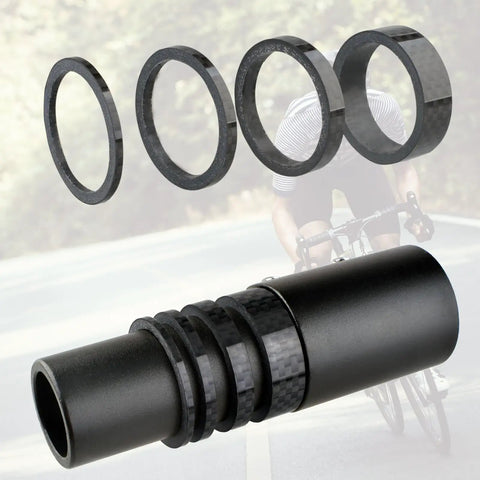 Carbon Fiber Headset Spacers Set For One And One-Eighth Inch Stems, 12 Pcs With 2mm 3mm 5mm 10mm Spacers, shown with cyclist