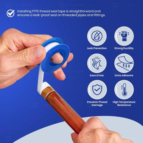 Person using Premium PTFE Thread Seal Tape High Density Three Quarter Inch By 520 Inch For Pipes Shower Heads Faucets And Gas Lines No Drip Leakproof Plumbing Tape Water Seal And Tight Seal on a pipe, emphasizing leak prevention.