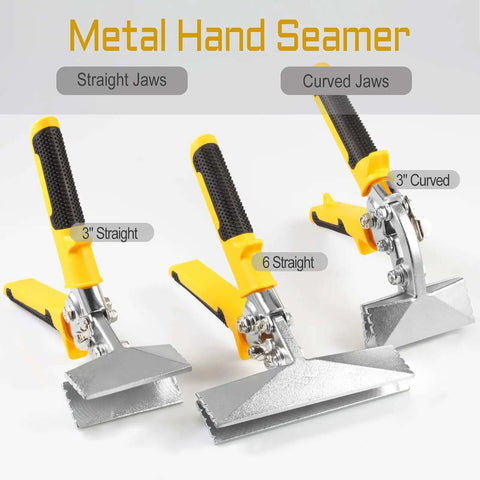 Three Inch Metal Hand Seamer With Curved Jaws For Sheet Metal, anti-slip handles, and hang hole, shown with straight and curved jaw variations.
