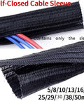 Self Closed Cable Sleeve Made Of PET Braided Material for 50mm width 50m length; shows sleeve with wires outdoors.