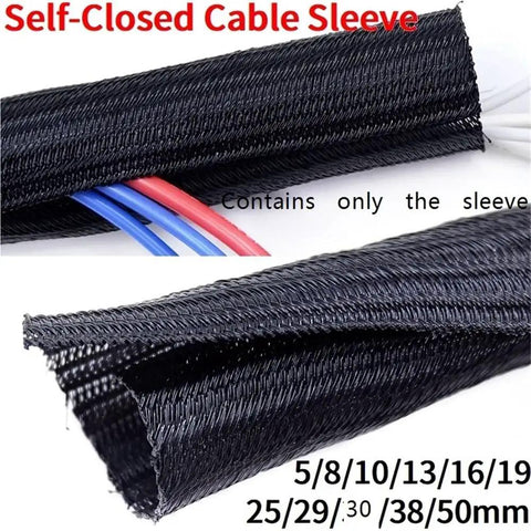 Self Closed Cable Sleeve Made Of PET Braided Material for 50mm width 50m length; shows sleeve with wires outdoors.