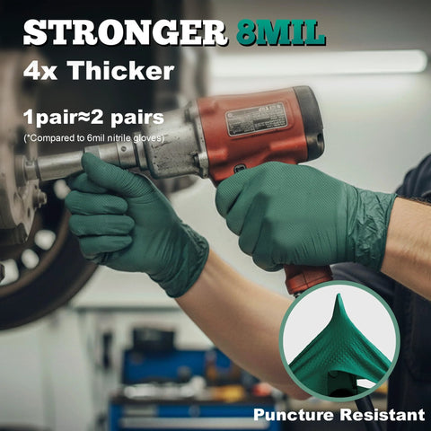 Green nitrile work gloves with raised diamond grip, 8 mil thickness, puncture resistant, XL