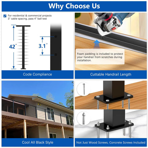 Totally Modular Cable Railing Kit For Decks And Patios Featuring 42 Inch Stainless Wire Posts with code compliance info and installation details.