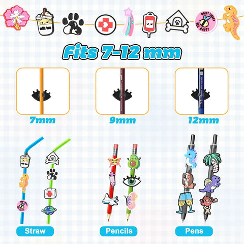Assorted colorful pencil toppers and charms set fitting 7-12mm straws, pencils, pens. 200 Pack Pencil Toppers and Charms Set.