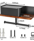 Toilet Paper Holder With Shelf Dual Roll And Wipes Dispenser for bathroom, black metal, solid wood, dimensions, installation parts shown.