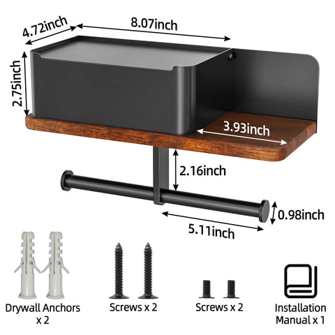 Toilet Paper Holder With Shelf Dual Roll And Wipes Dispenser for bathroom, black metal, solid wood, dimensions, installation parts shown.