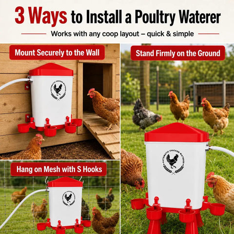 3 Ways to Install the Super Easy Setup 3 Gallon Automatic Chicken Waterer With 10 Spill Proof Cup Stations For Hens Ducks And Poultry Coops.