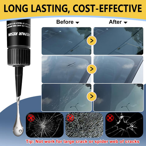 Before and after results of using Windshield Chip Repair Kit with Fast Curing Resin for Quick Fix of Star Shaped and Bull Eye Cracks on Car Windows No Mixing Required Upgraded Injection Head and Vacuum Design Delivers Durable Glass Repair In Minutes shown with cracked and repaired windshield images.