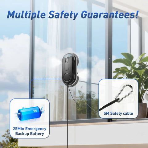 Window Cleaning Robot No Sweat With Dual Spray 3200 Pa Suction AI Path Planning And Edge Detection Remote Control For High Rise Windows Glass And Doors Includes 10 Cloths Model X3 with safety cable and battery backup visible on glass surface