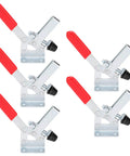 Heavy Duty Quick Clamp 5 Pack Set For Welding And Auto Works With Galvanized Steel Build, High Grip Power Up To 400 Lbs, Ideal Tough Tools For Garage Shop Projects And Metal Fabrication Needs. Four clamps with red handles.