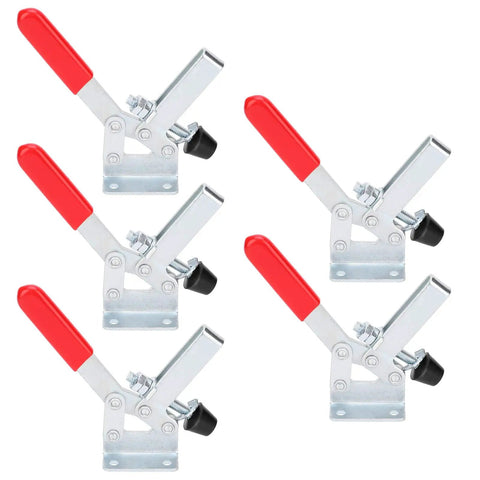Heavy Duty Quick Clamp 5 Pack Set For Welding And Auto Works With Galvanized Steel Build, High Grip Power Up To 400 Lbs, Ideal Tough Tools For Garage Shop Projects And Metal Fabrication Needs. Four clamps with red handles.