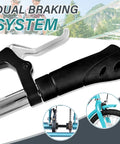 Bicycle hand brake lever with dual braking system, black plastic and metal handlebar control, shown on turquoise bike