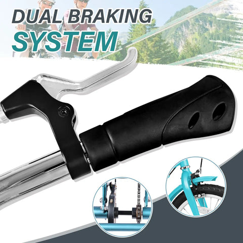Bicycle hand brake lever with dual braking system, black plastic and metal handlebar control, shown on turquoise bike