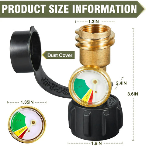 Propane Tank Gauge With Color Coded Dial Level Indicator And Leak Detector For Quick Gas Checks No Guesswork Universal Fit 5lb To 40lb LP Tanks With QCC1 Type 1 Connection with dust cover and size chart