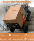 Heavy Duty Electric Stair Climbing Dolly 1500W Powered Hand Truck With 900 Lbs Capacity And 10 Inch Anti-Slip Tires For Moving Big Appliances Or Warehouse Gear climbing stairs with a large box.