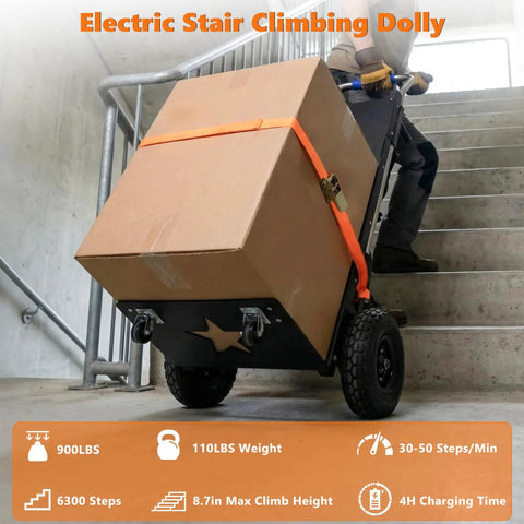 Heavy Duty Electric Stair Climbing Dolly 1500W Powered Hand Truck With 900 Lbs Capacity And 10 Inch Anti-Slip Tires For Moving Big Appliances Or Warehouse Gear climbing stairs with a large box.