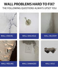 Image showing common wall problems: cracks, nail holes, mildew, peeling, damage, and holes, related to Two Pack Wall Patch Kit With Mending Agent And Spackle, Comes With 100g Patches, Nozzle Extenders, Scrapers And Sandpaper For Quick Hole Fix, Smooth, Paint Ready Walls Easy DIY Repair.