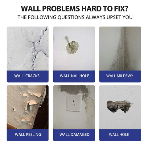 Image showing common wall problems: cracks, nail holes, mildew, peeling, damage, and holes, related to Two Pack Wall Patch Kit With Mending Agent And Spackle, Comes With 100g Patches, Nozzle Extenders, Scrapers And Sandpaper For Quick Hole Fix, Smooth, Paint Ready Walls Easy DIY Repair.